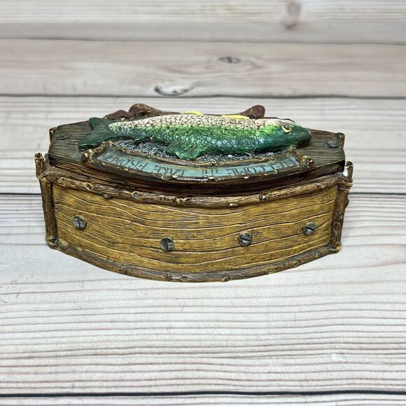 Vintage Trinket Box Welcome to Lake Front Fishing Club Accessory Container Wood - Picture 6 of 15